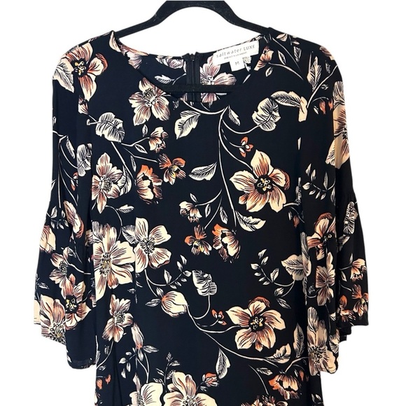 SaltwaterLUXE Black Hibiscus Bell Sleeve Ruffle Hem Mini Dress- Size Medium - Picture 3 of 11